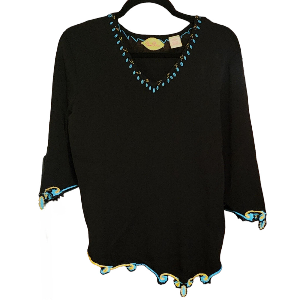 Prima Bella Embroidered Beaded V-neck Black Sweater, three-quarter sleeve sz M